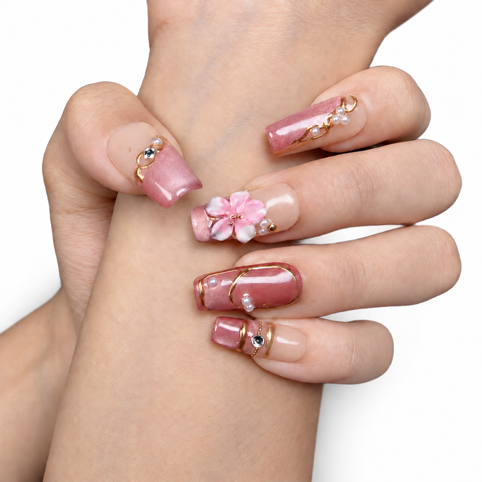 Rose Ribbon — Floral Square Press-On Nails