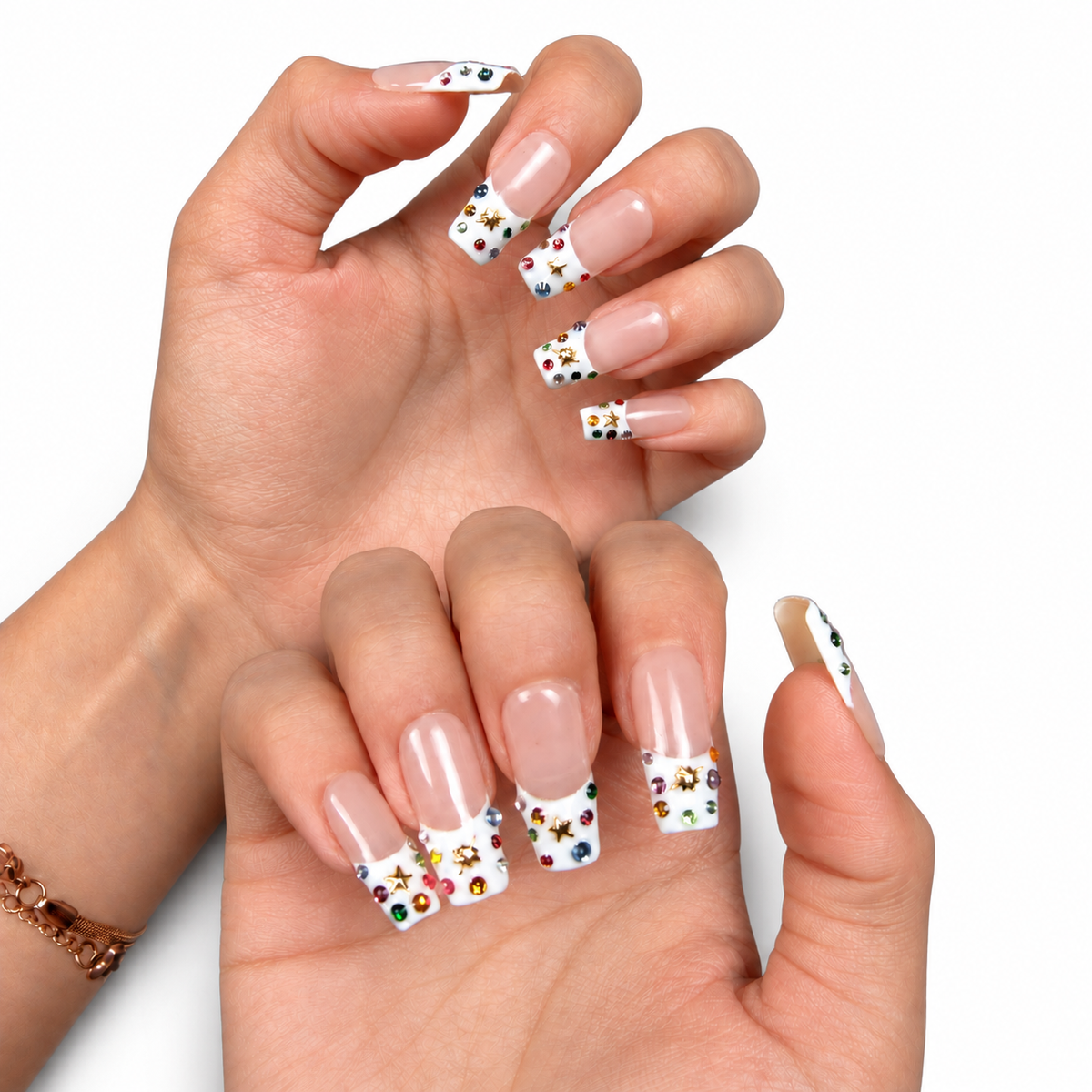 Rainbow Floral French Medium Square Press-On Nails by UB2 BEAUTY