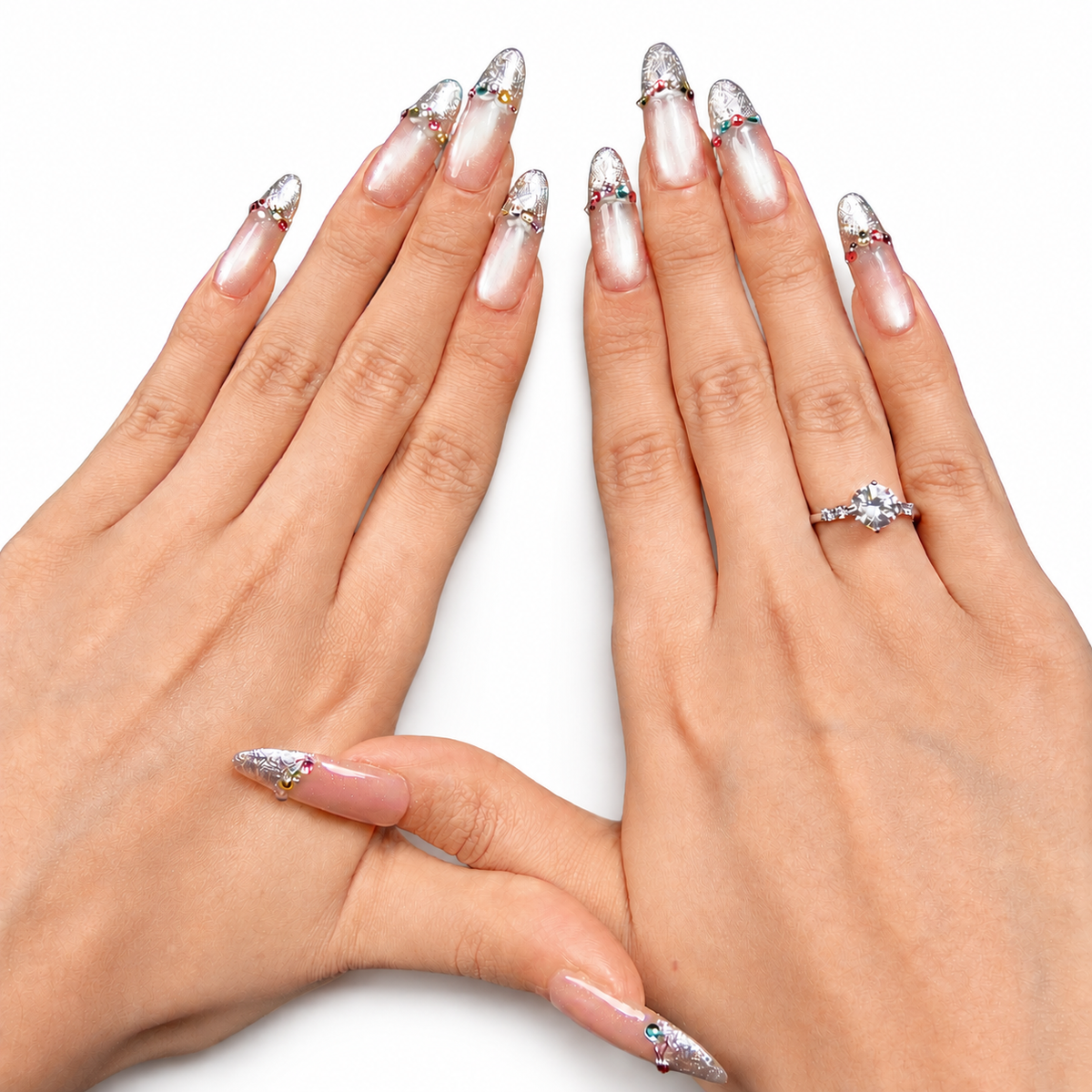 Silver-Tip Bow French Medium Oval Press-On Nails by UB2 BEAUTY