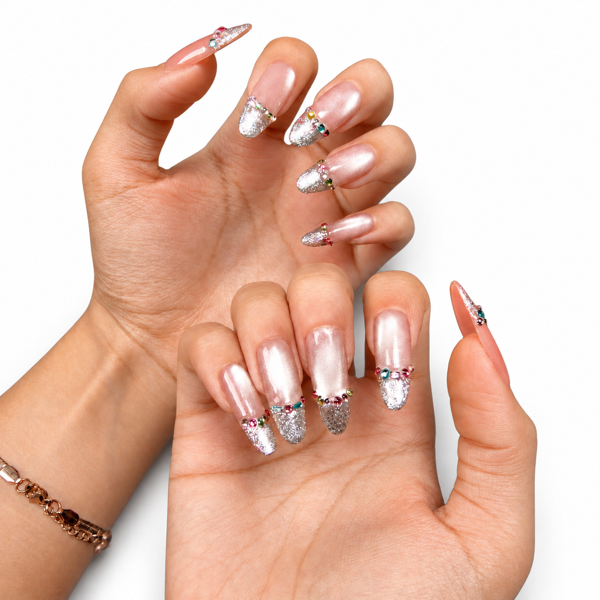 Silver-Tip Bow French Medium Oval Press-On Nails - product view 2