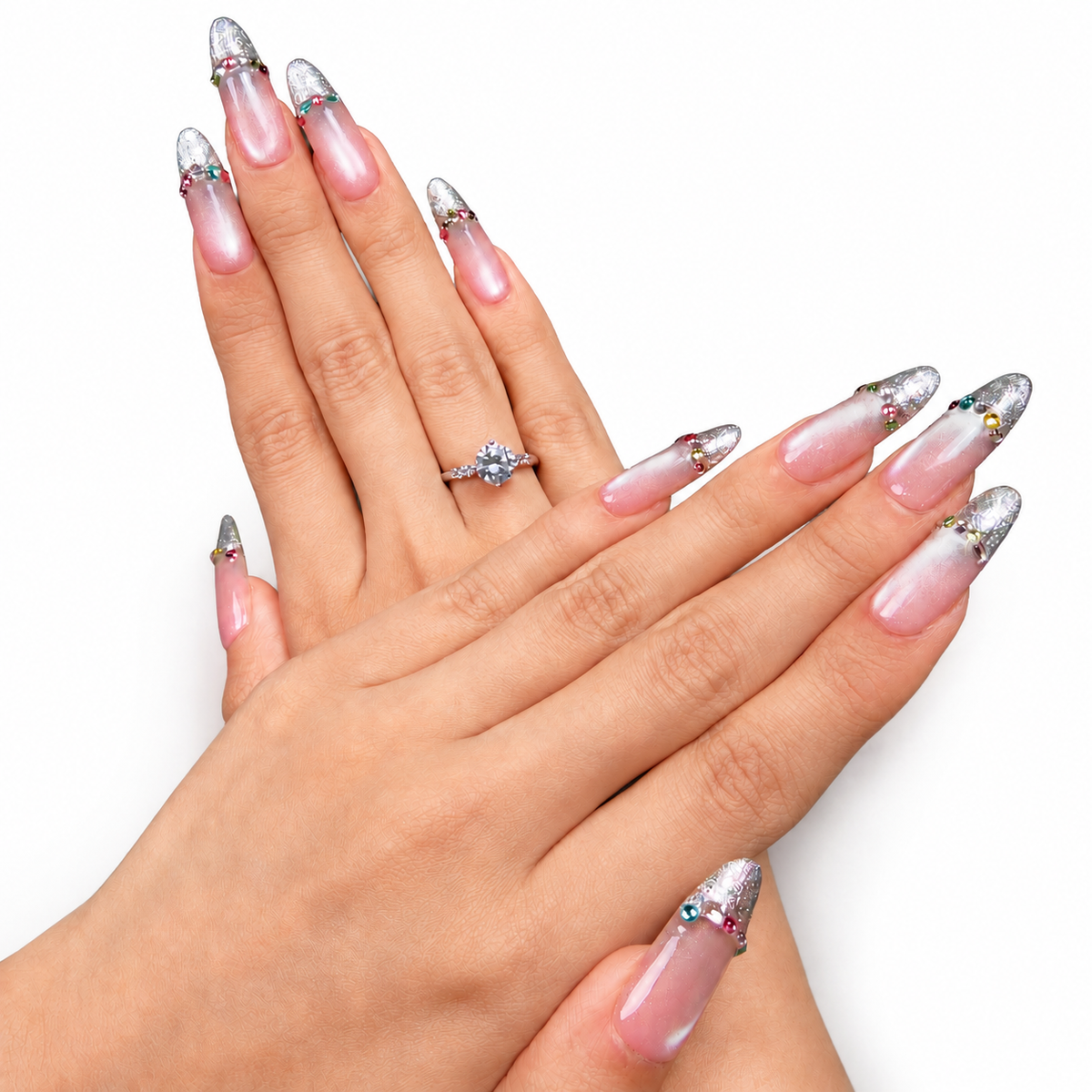 Silver-Tip Bow French Medium Oval Press-On Nails - product view 3