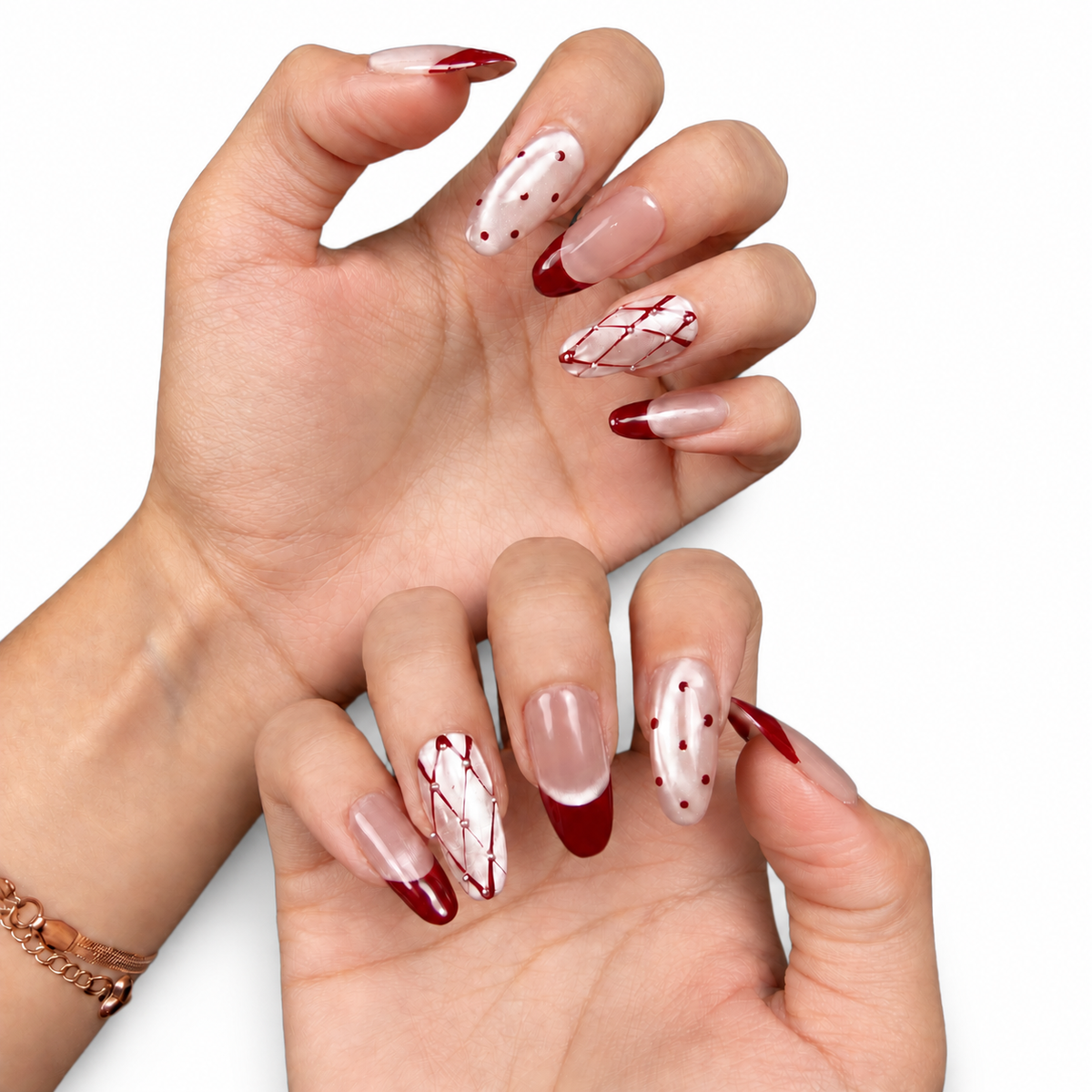 Burgundy Lattice French Medium Oval Press-On Nails - product view 5