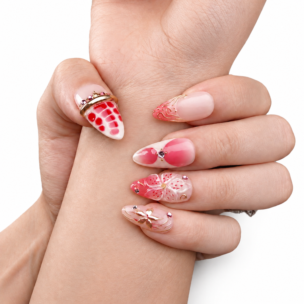 Strawberry Pink Floral Medium Almond Press-On Nails - product view 2