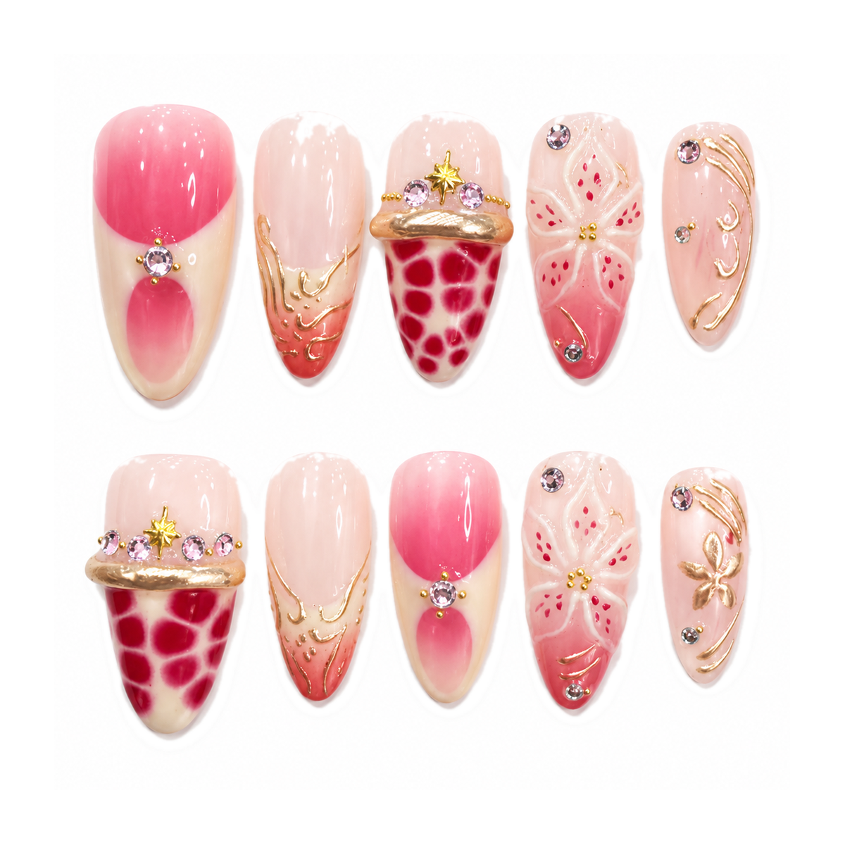 Strawberry Pink Floral Medium Almond Press-On Nails by UB2 BEAUTY