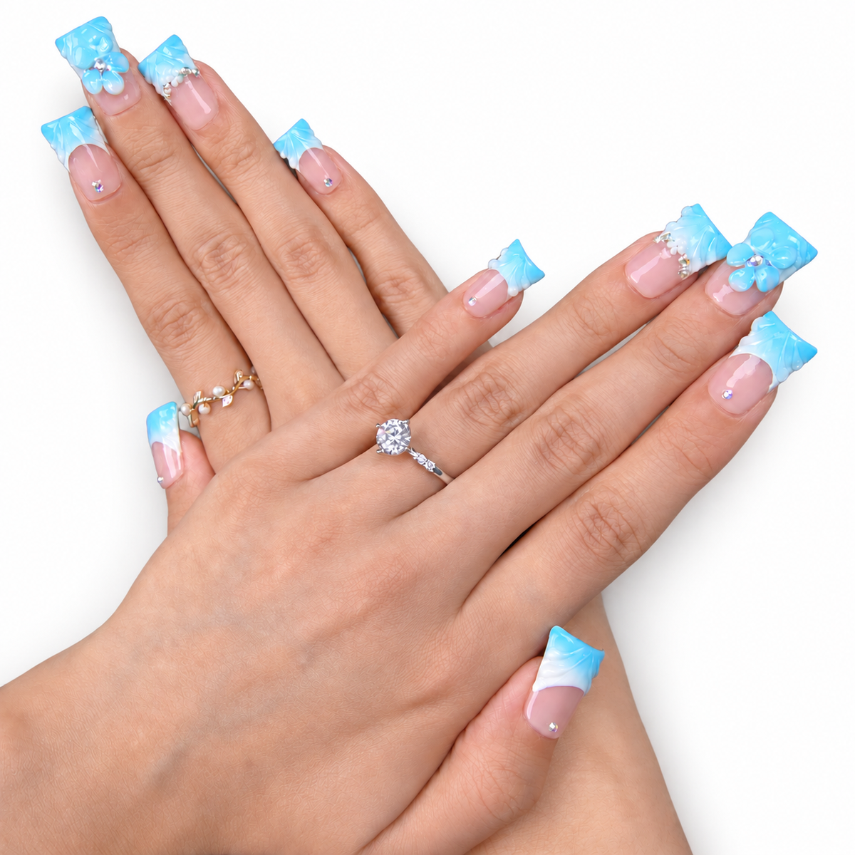 Cobalt Blue Floral Medium Square Press-On Nails - product view 5