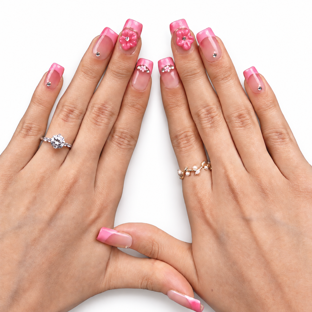Red White Botanical Floral Medium Almond Press-On Nails - product view 2