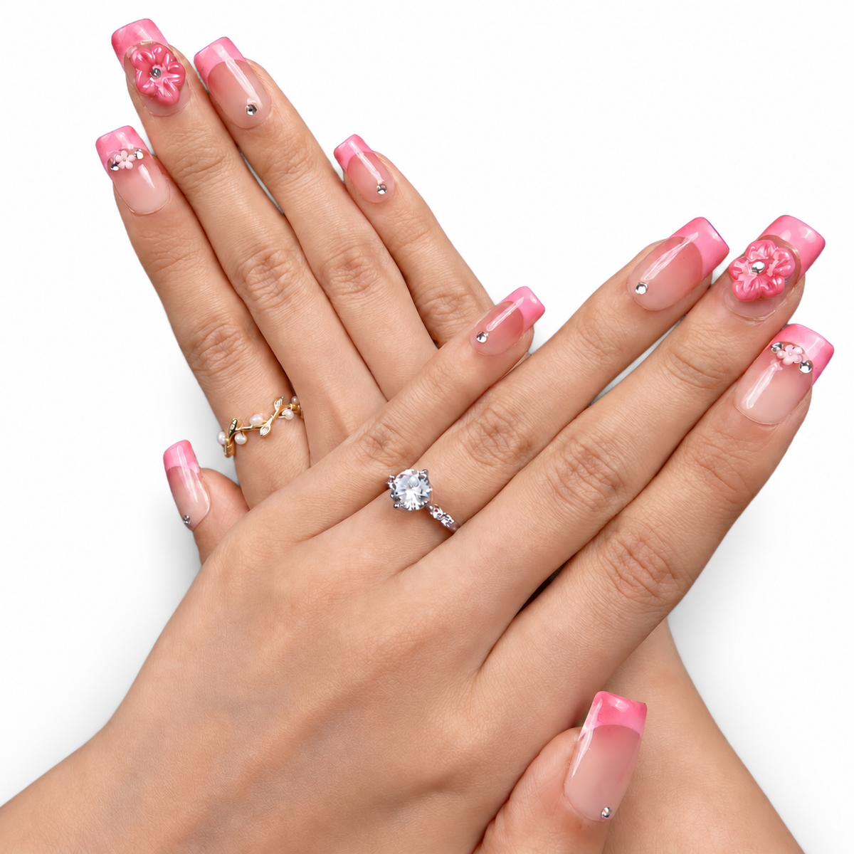 Red White Botanical Floral Medium Almond Press-On Nails - product view 4