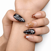 Black Pink Floral Contrast Medium Almond Press-On Nails by UB2 BEAUTY