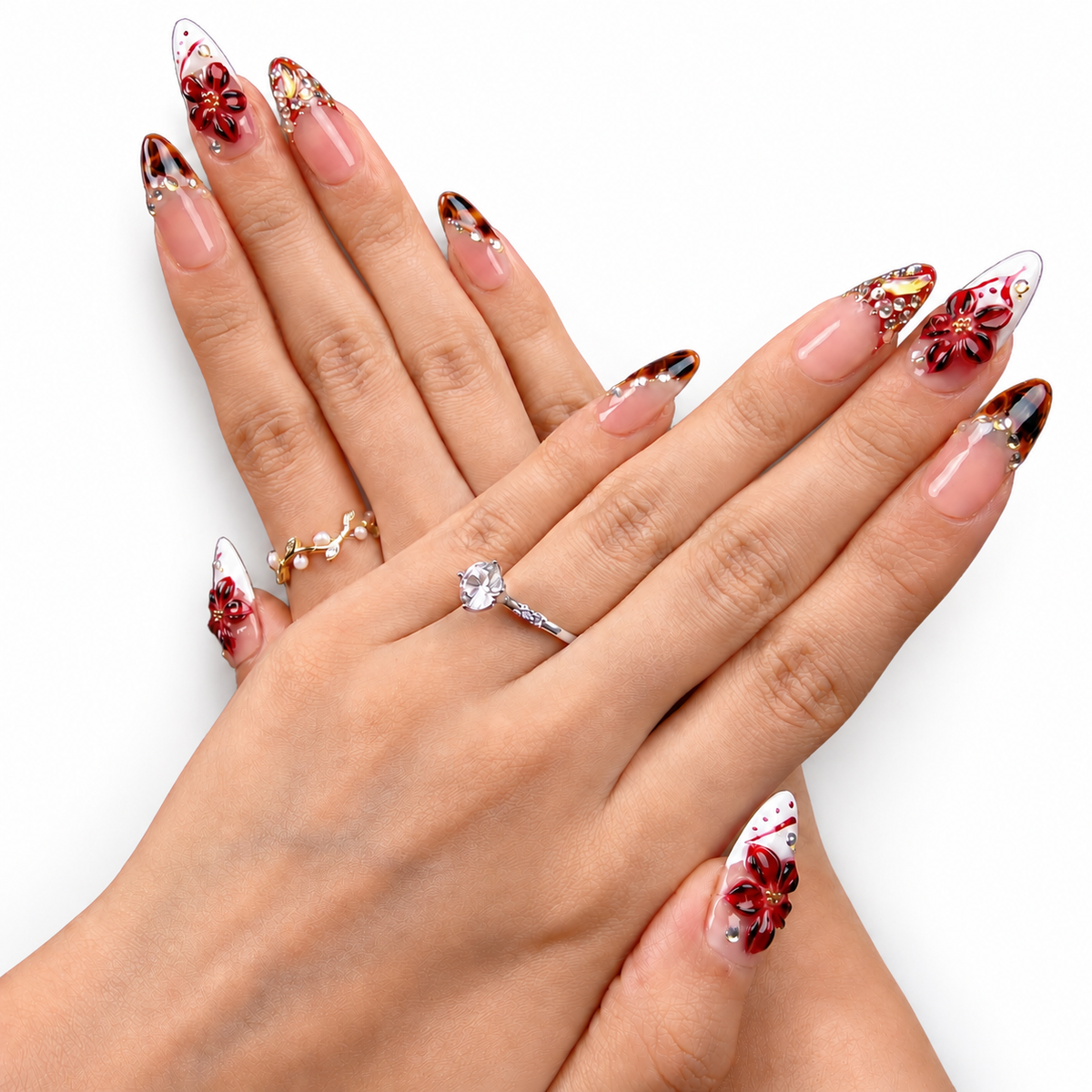 Burgundy Butterfly Floral Medium Almond Press-On Nails - product view 2