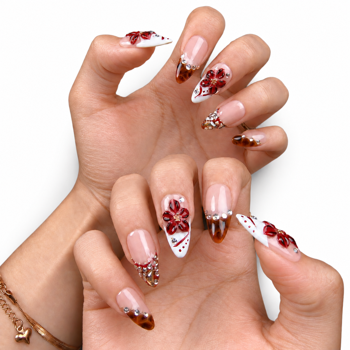 Burgundy Butterfly Floral Medium Almond Press-On Nails - product view 3