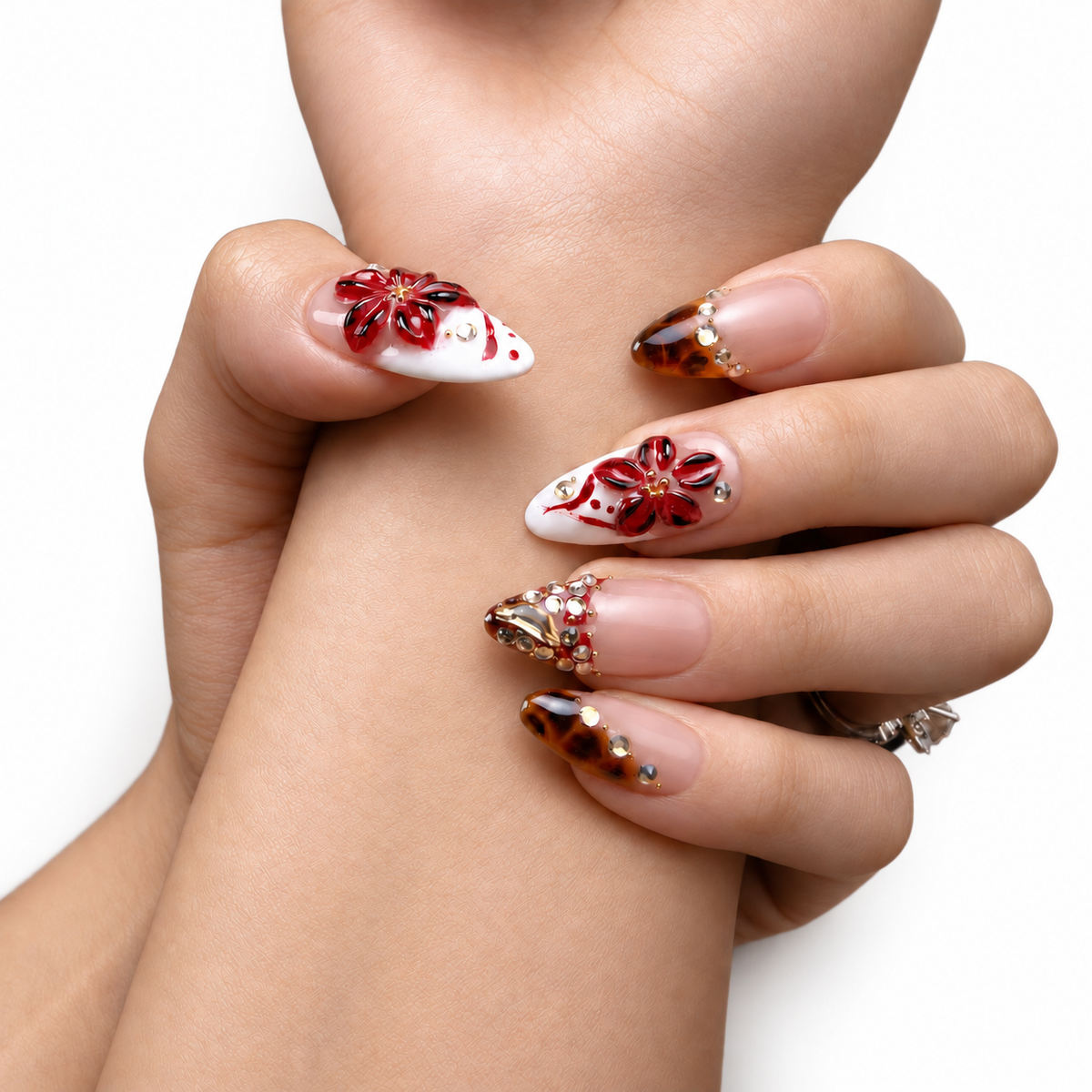Burgundy Butterfly Floral Medium Almond Press-On Nails - product view 4
