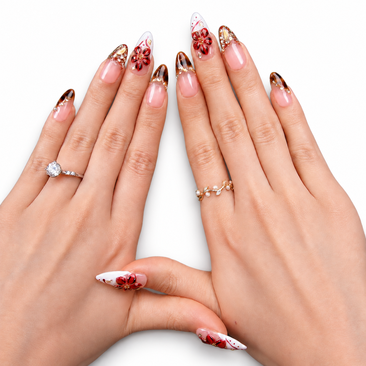 Burgundy Butterfly Floral Medium Almond Press-On Nails - product view 5