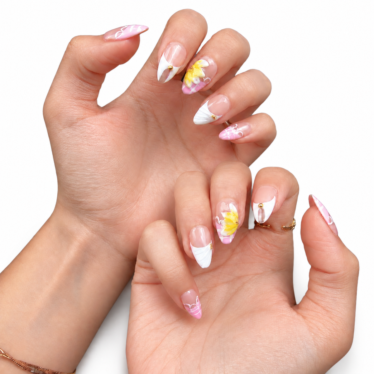 Pink Yellow Butterfly Floral Short Almond Press-On Nails - product view 4