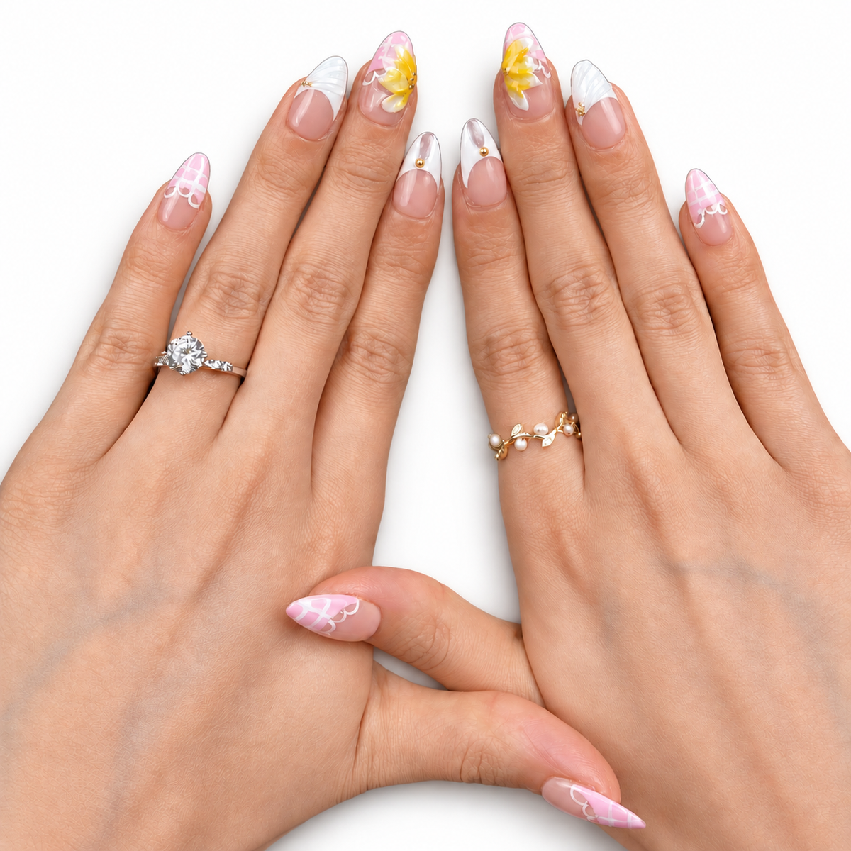 Pink Yellow Butterfly Floral Short Almond Press-On Nails - product view 5