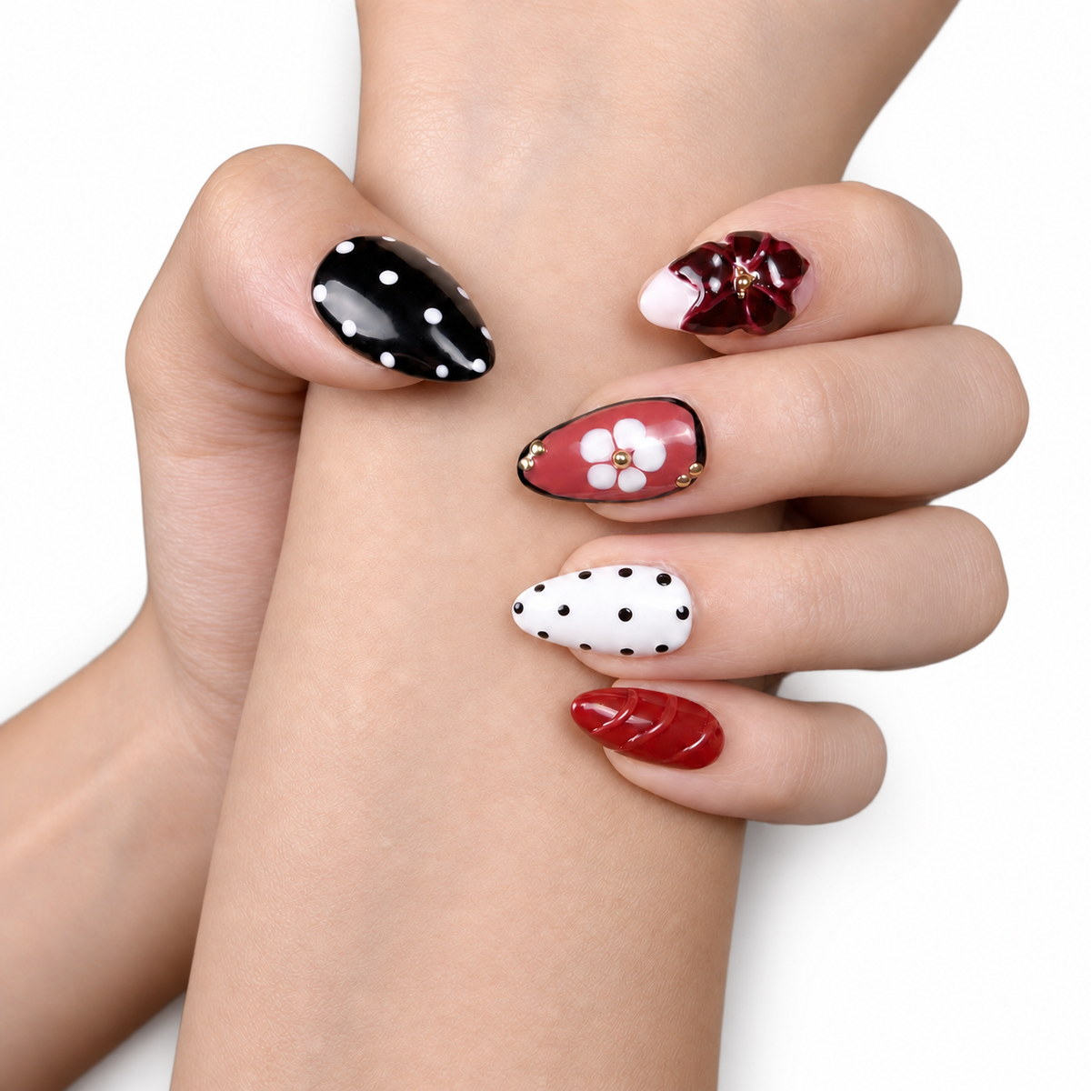 Black Red Cherry Floral Medium Almond Press-On Nails by UB2 BEAUTY