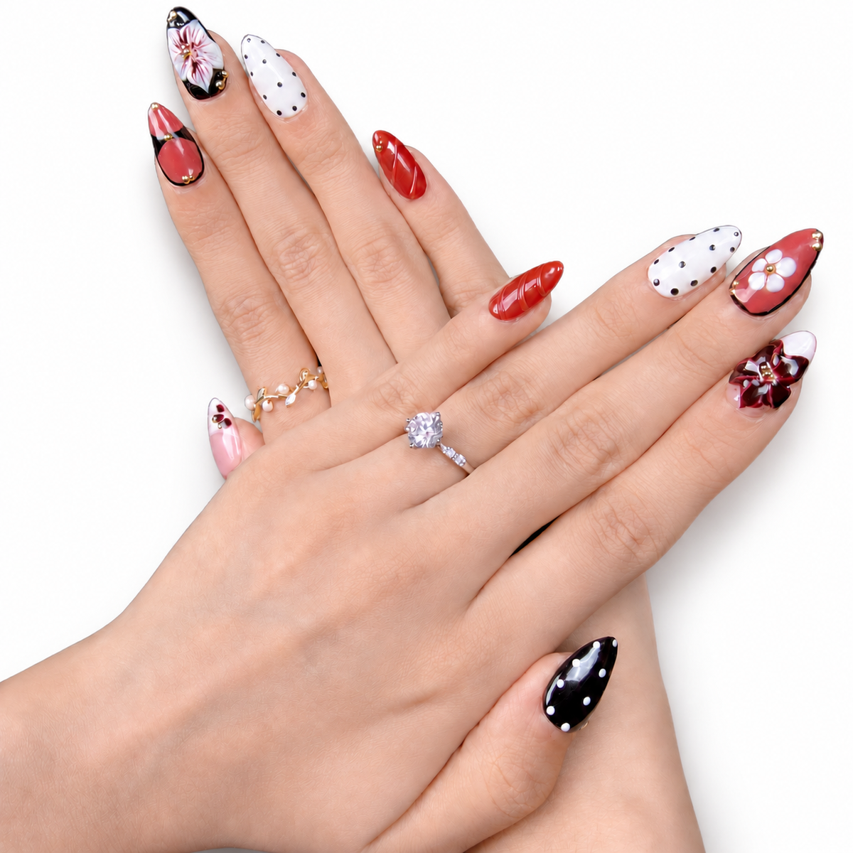Black Red Cherry Floral Medium Almond Press-On Nails - product view 2