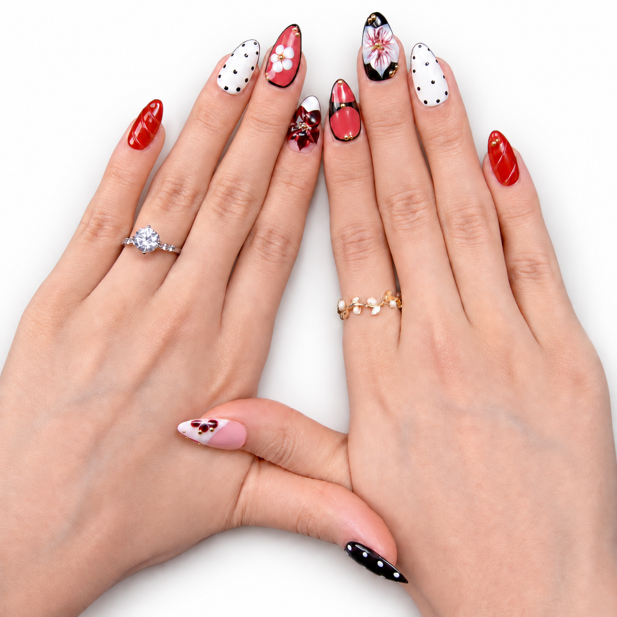 Black Red Cherry Floral Medium Almond Press-On Nails - product view 3