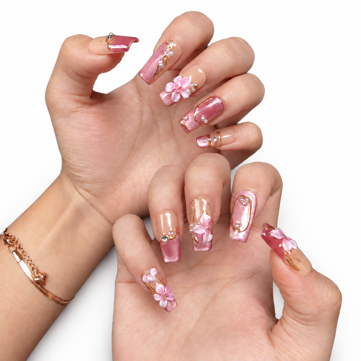 Rose Gold Floral Long Square Press-On Nails - product view 3