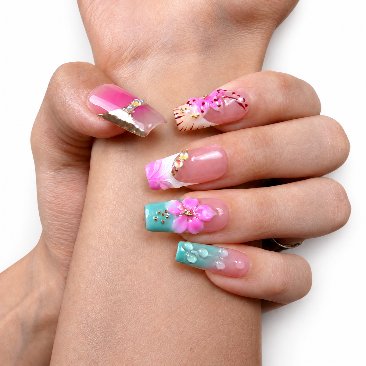 Pastel 3D Flower Long Square Press-On Nails by UB2 BEAUTY