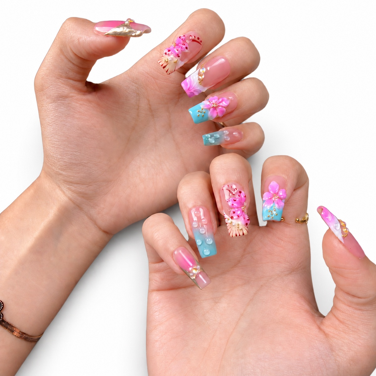Pastel 3D Flower Long Square Press-On Nails - product view 4