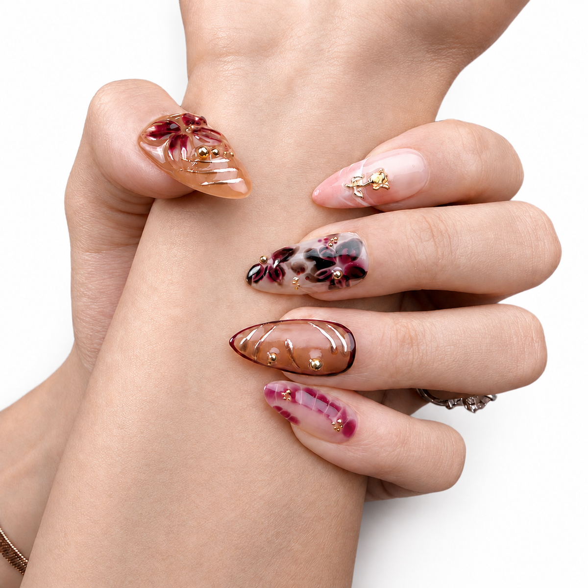 Autumn Tortoiseshell Floral Medium Almond Press-On Nails by UB2 BEAUTY