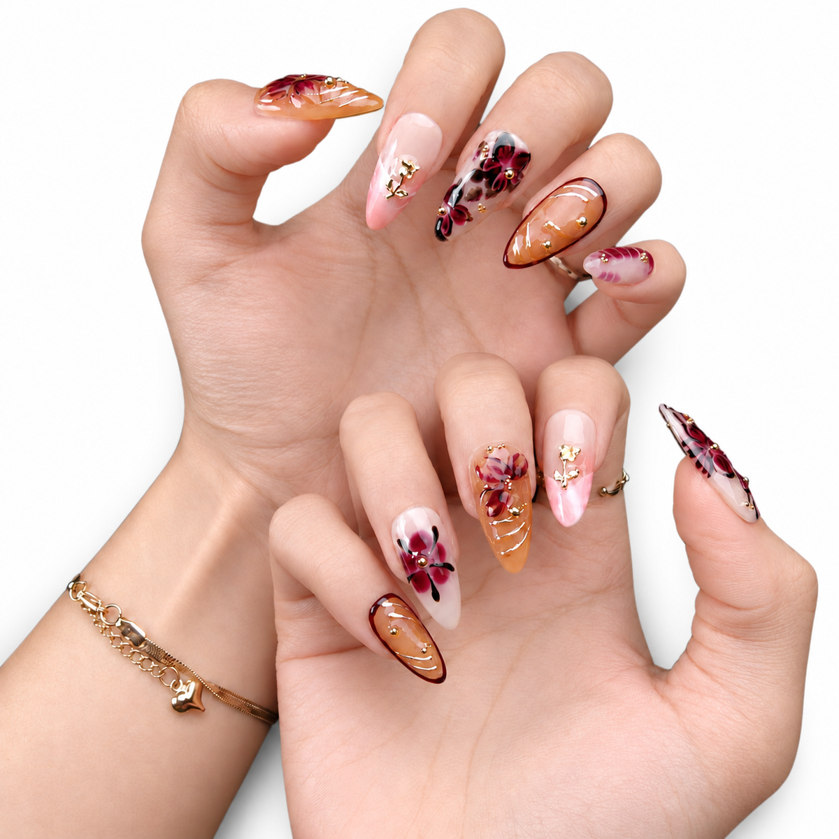 Autumn Tortoiseshell Floral Medium Almond Press-On Nails - product view 4