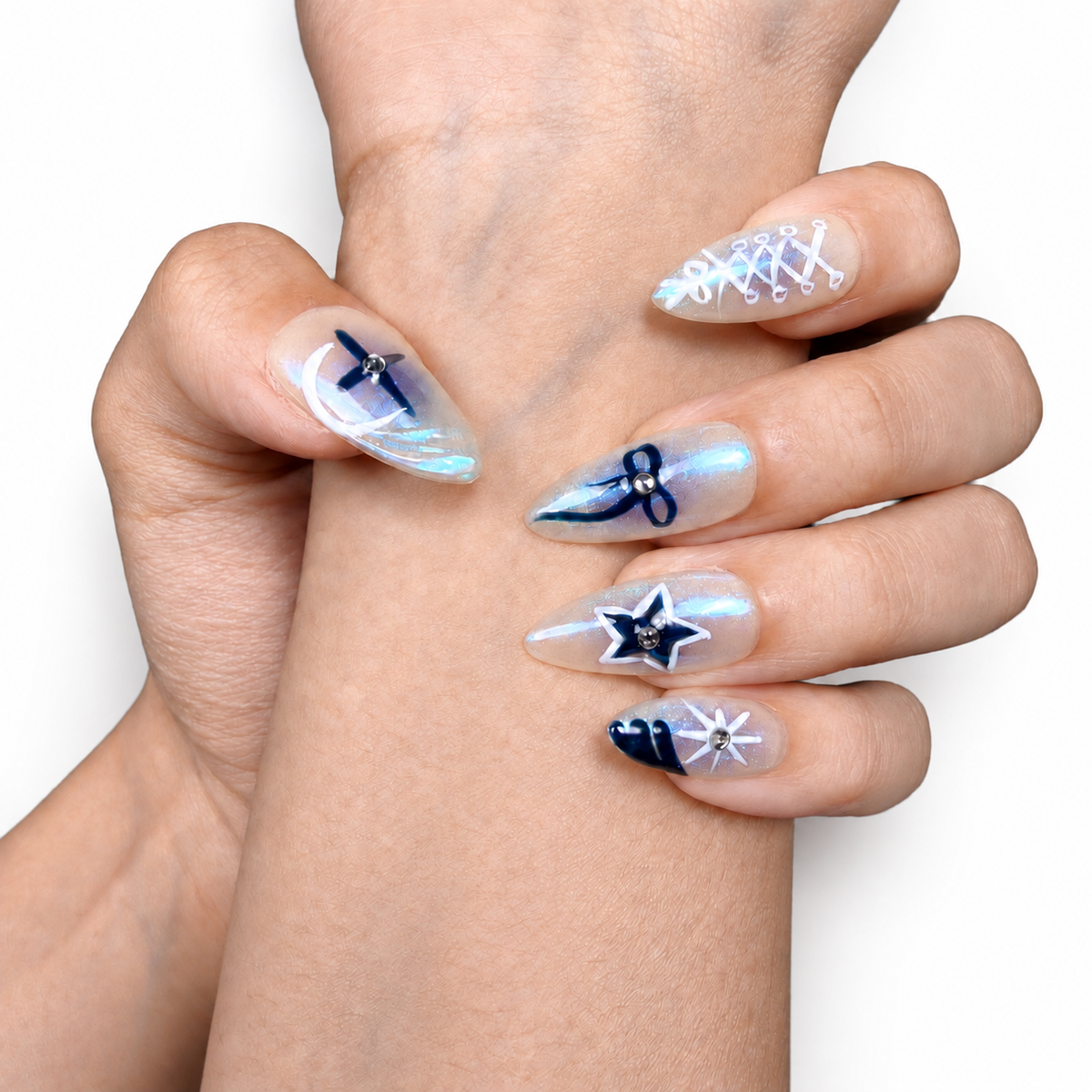 Icy Blue Star Chrome Medium Almond Press-On Nails by UB2 BEAUTY