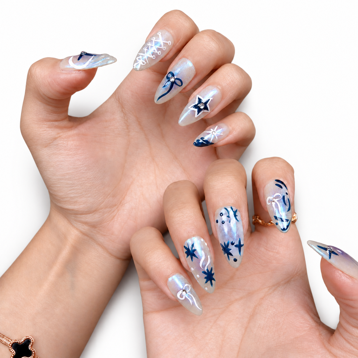 Icy Blue Star Chrome Medium Almond Press-On Nails - product view 3