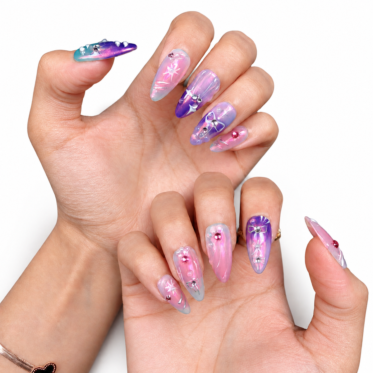 Purple Pink Chrome Medium Almond Press-On Nails by UB2 BEAUTY