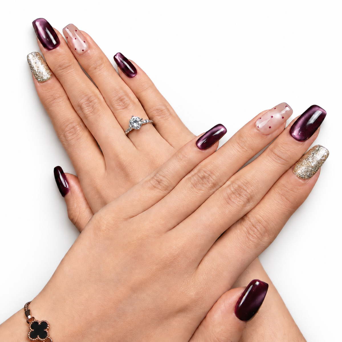 Burgundy Crystal Cat-Eye Medium Square Press-On Nails - product view 4