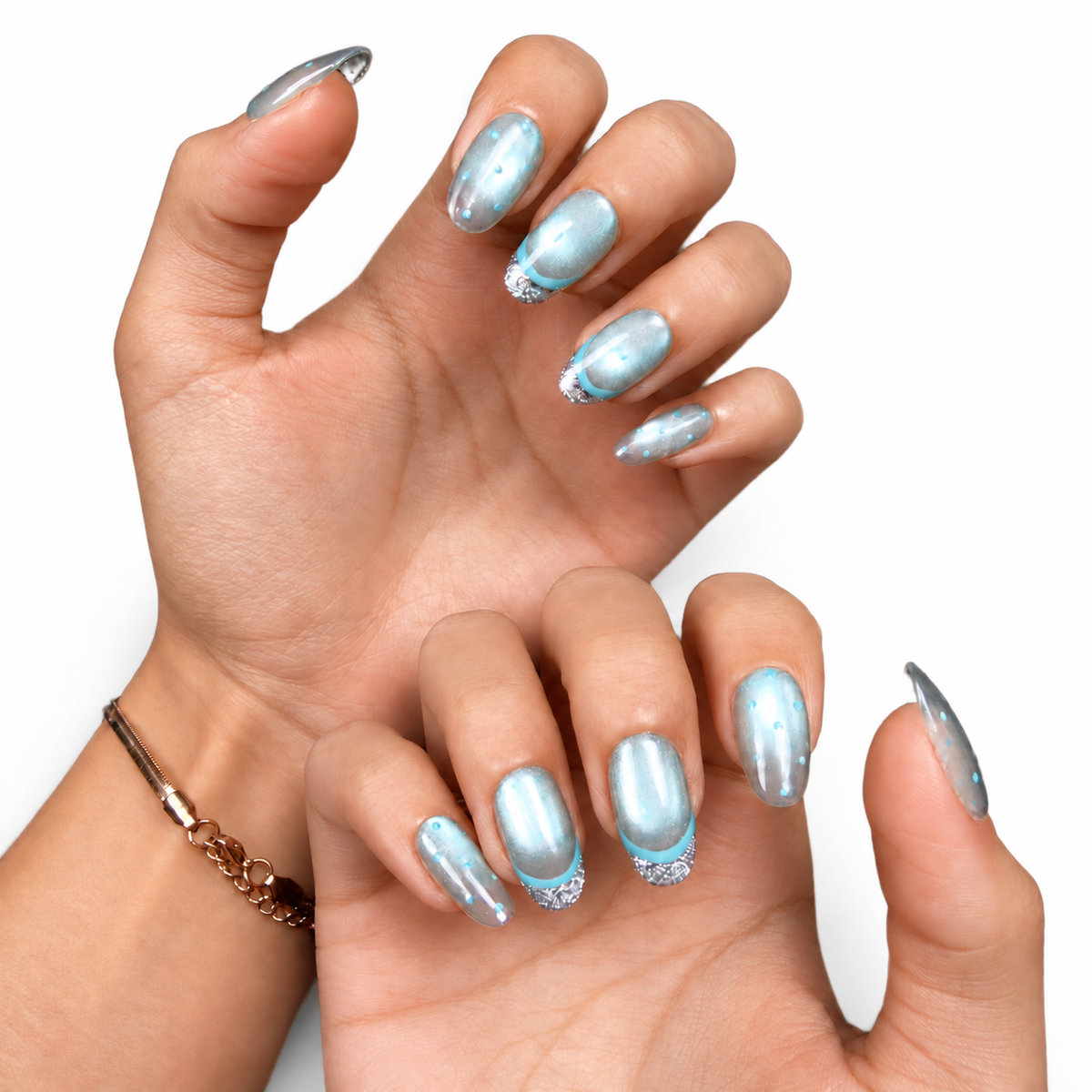 Icy Blue Glitter Cat-Eye Short Oval Press-On Nails - product view 3