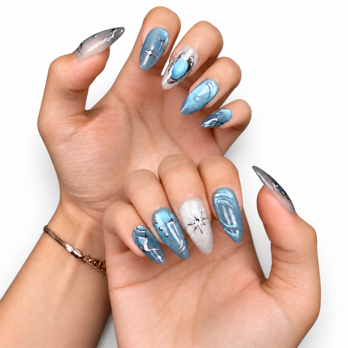Icy Blue Celestial Cat-Eye Medium Almond Press-On Nails - product view 4