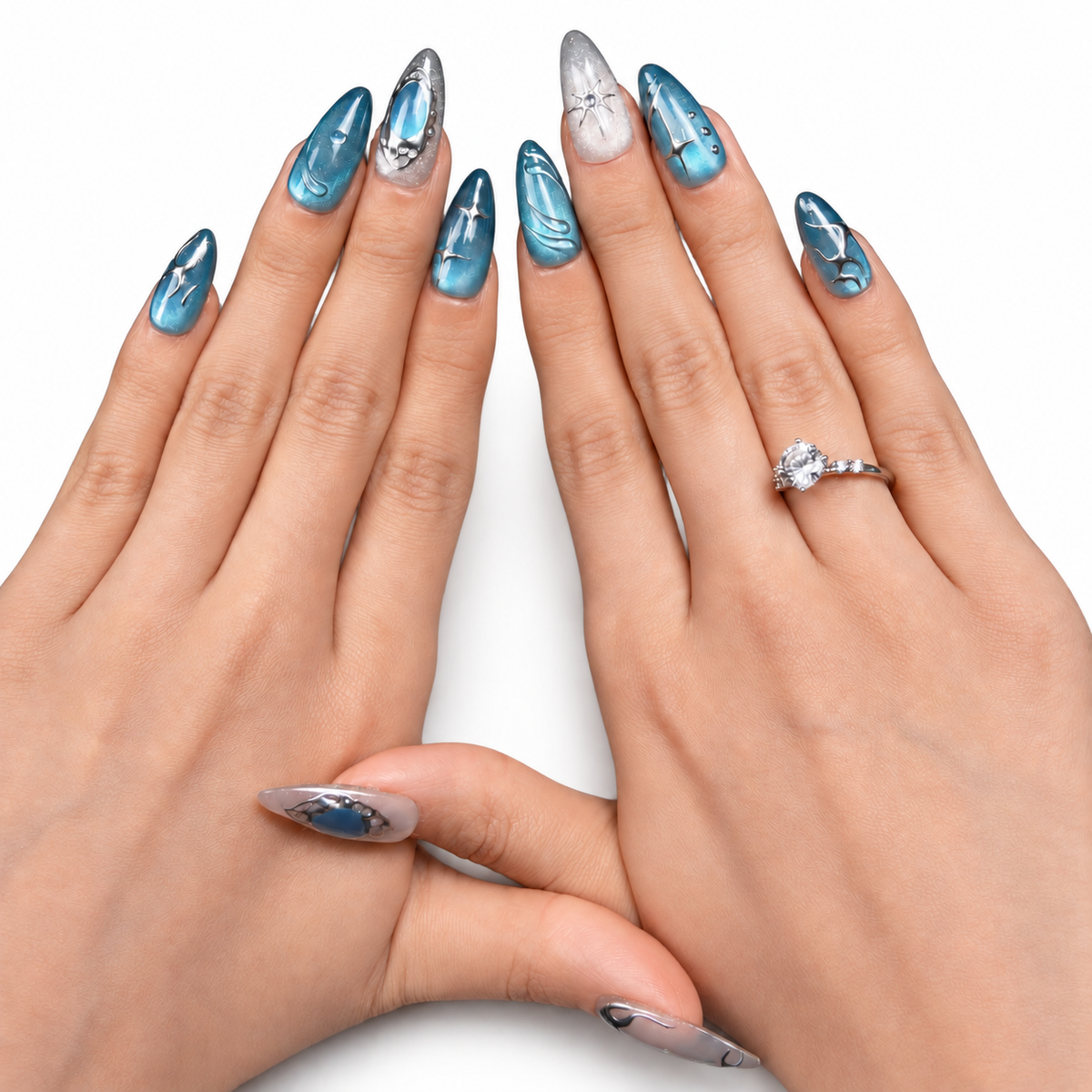 Icy Blue Celestial Cat-Eye Medium Almond Press-On Nails - product view 5