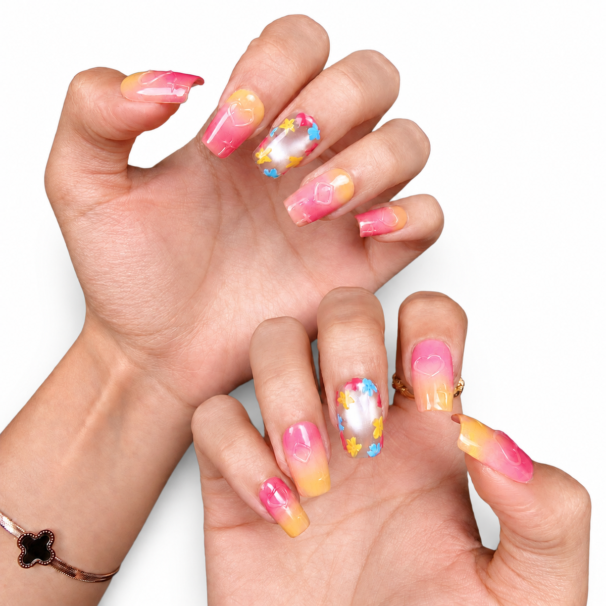 Sunset Ombre Star & Flower Medium Square Press-On Nails - product view 2