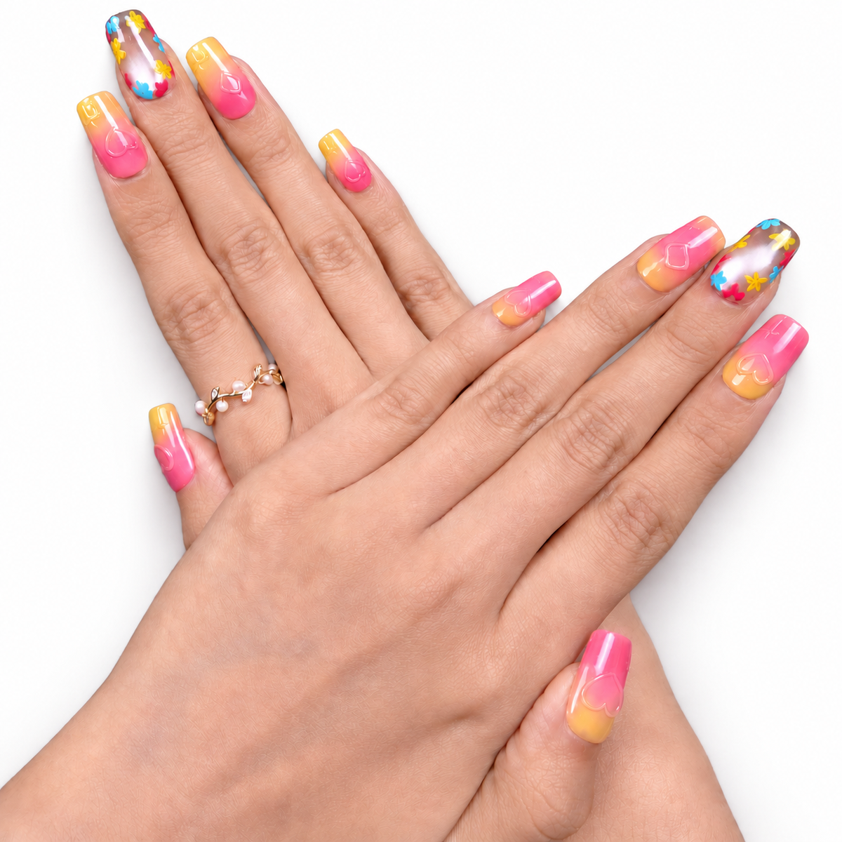Sunset Ombre Star & Flower Medium Square Press-On Nails - product view 4