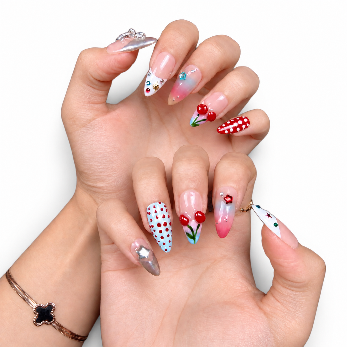 Cherry Cow-Print Medium Almond Press-On Nails - product view 4