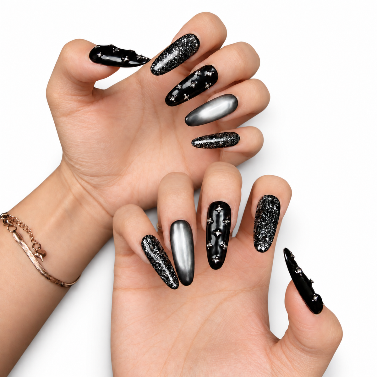 Black Silver Glitter Medium Oval Press-On Nails - product view 2