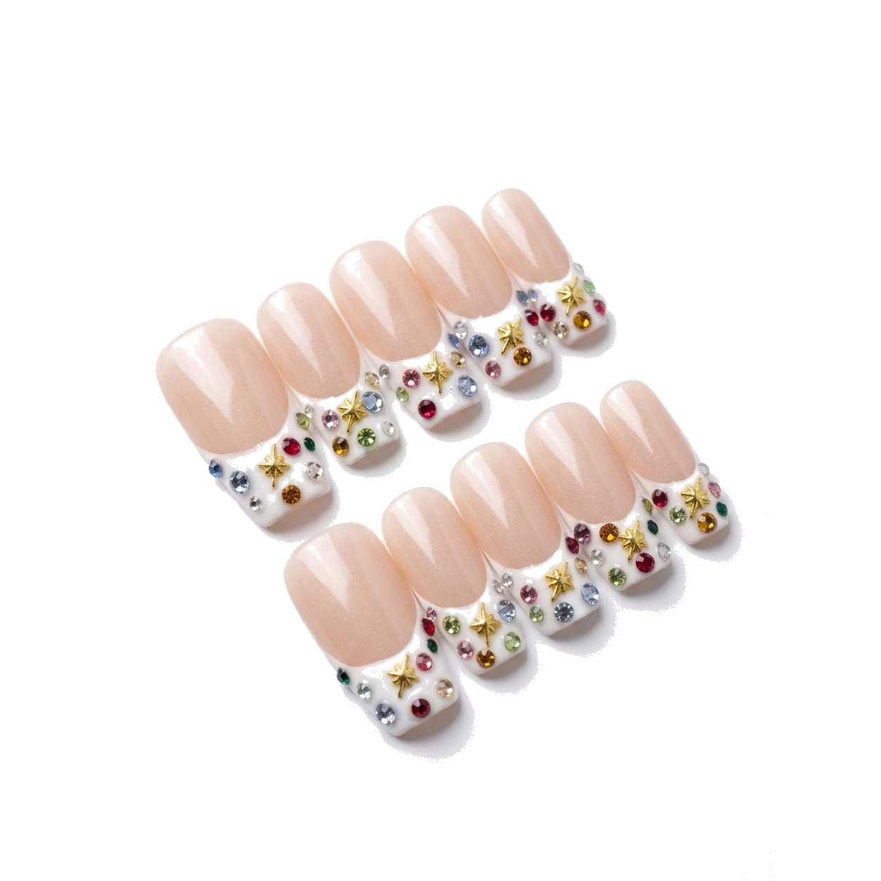 F-002-D Handmade French Medium Square Press-On Nails - White background hand close-up view - UB2 BEAUTY
