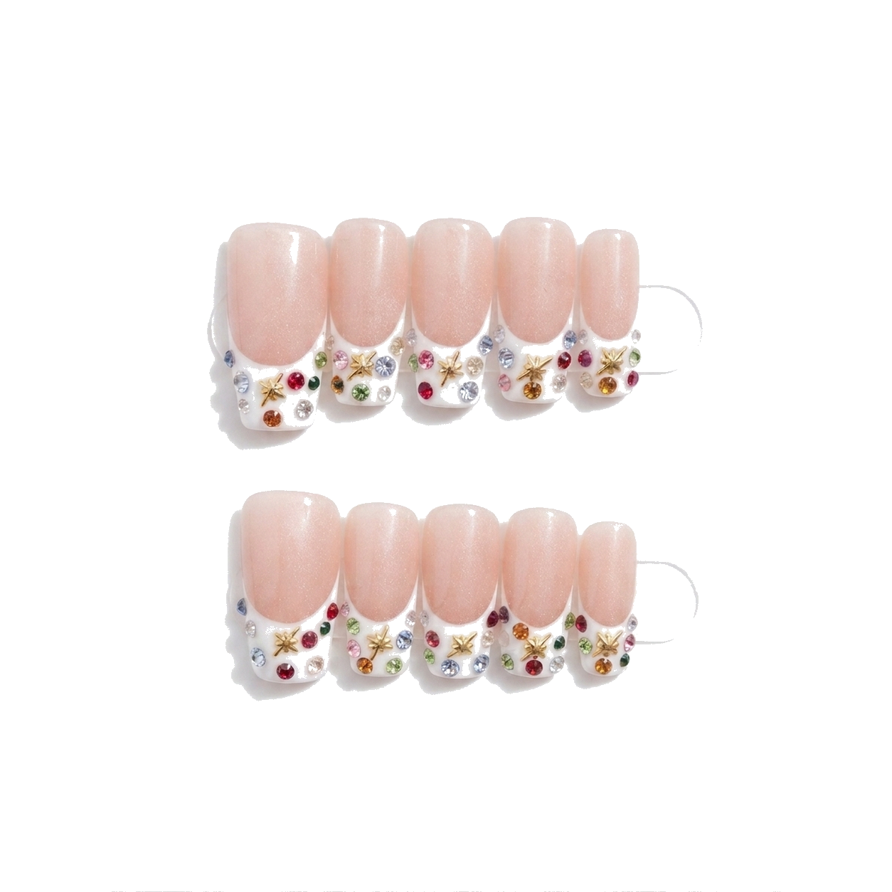 F-002-D Handmade French Medium Square Press-On Nails - White background two-hand styling view - UB2 BEAUTY