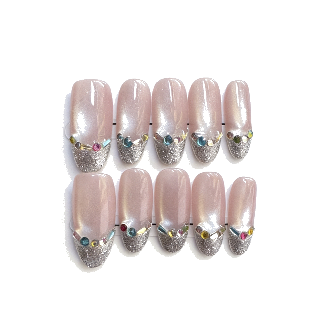 F-005-F Handmade French Medium Pointed Oval Press-On Nails - White background hand close-up view - UB2 BEAUTY