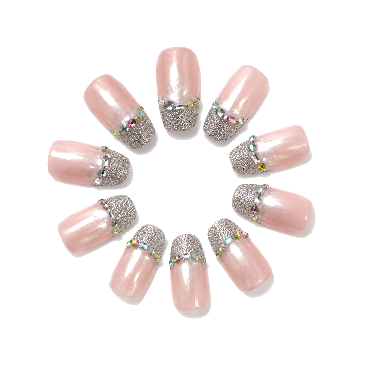 F-005-F Handmade French Medium Pointed Oval Press-On Nails - White background front view - UB2 BEAUTY