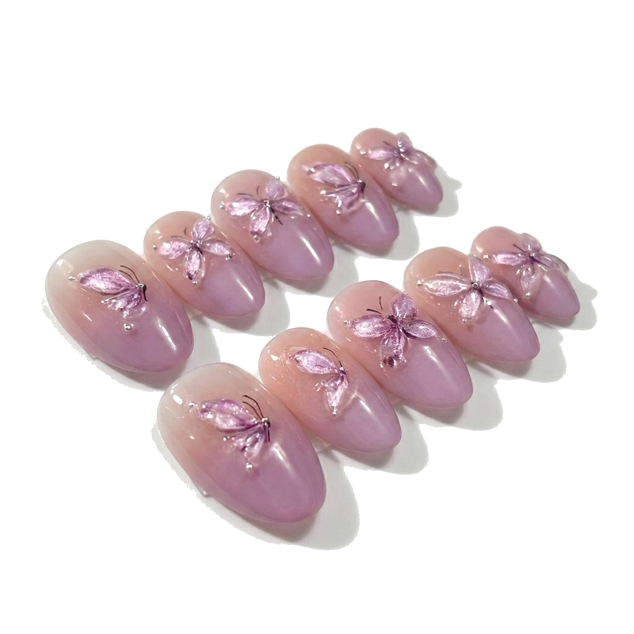 H-001-D Handmade Floral Medium Square Press-On Nails - White background 45-degree side view - UB2 BEAUTY