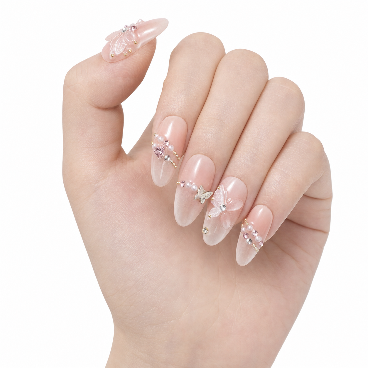 H-002-E Handmade Floral Medium Almond Press-On Nails - White background two-hand styling view - UB2 BEAUTY