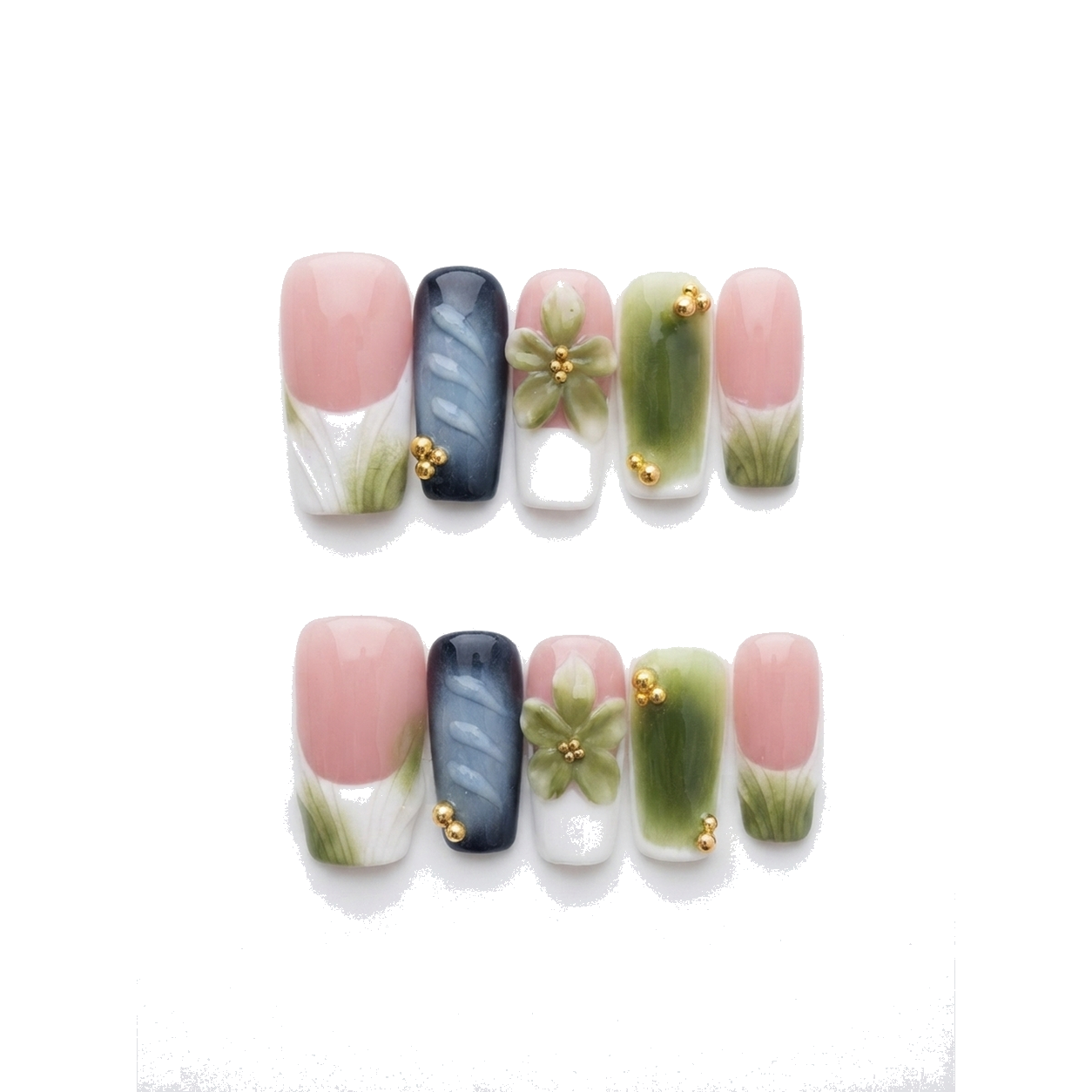 H-003-E Handmade Floral Medium Almond Press-On Nails - White background 45-degree side view - UB2 BEAUTY
