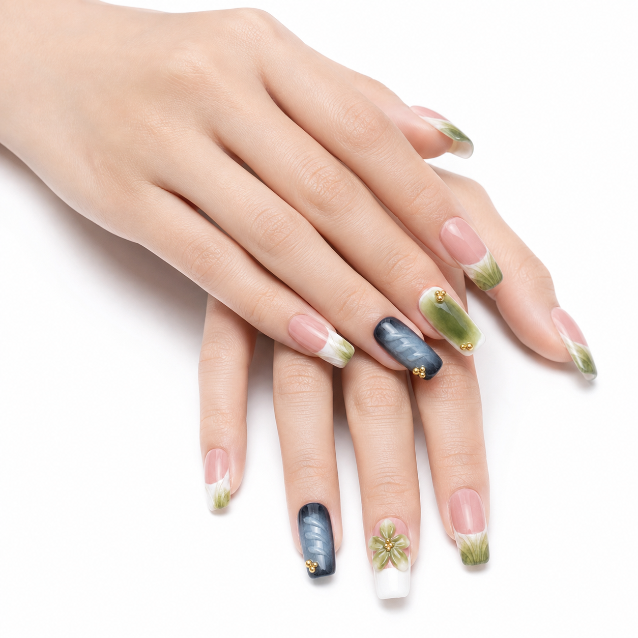 H-003-E Handmade Floral Medium Almond Press-On Nails - White background circular layout view - UB2 BEAUTY