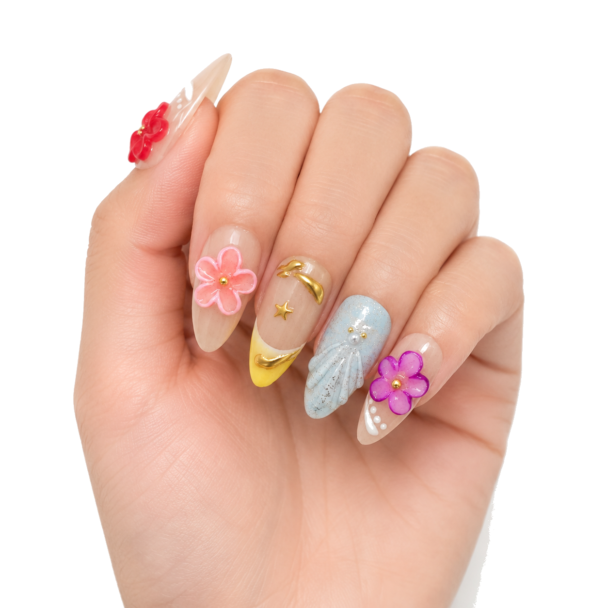 H-005-E Handmade Floral Medium Almond Press-On Nails - White background circular layout view - UB2 BEAUTY