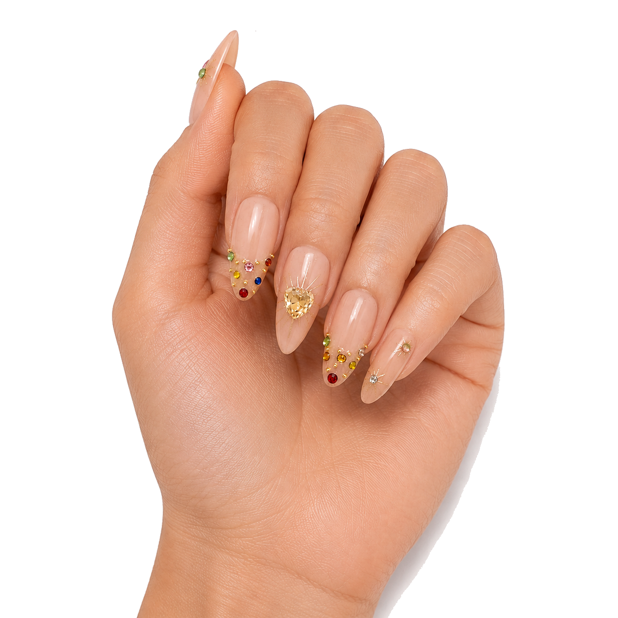 H-006-E Handmade Floral Medium Almond Press-On Nails - White background circular layout view - UB2 BEAUTY