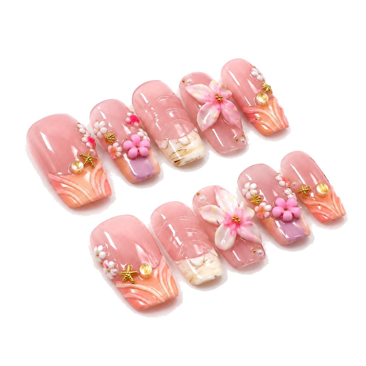 H-007-E Handmade Floral Medium Almond Press-On Nails - White background 45-degree side view - UB2 BEAUTY