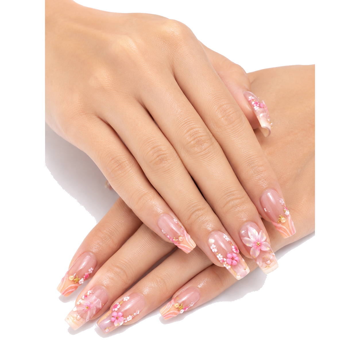 H-007-E Handmade Floral Medium Almond Press-On Nails - White background two-hand styling view - UB2 BEAUTY