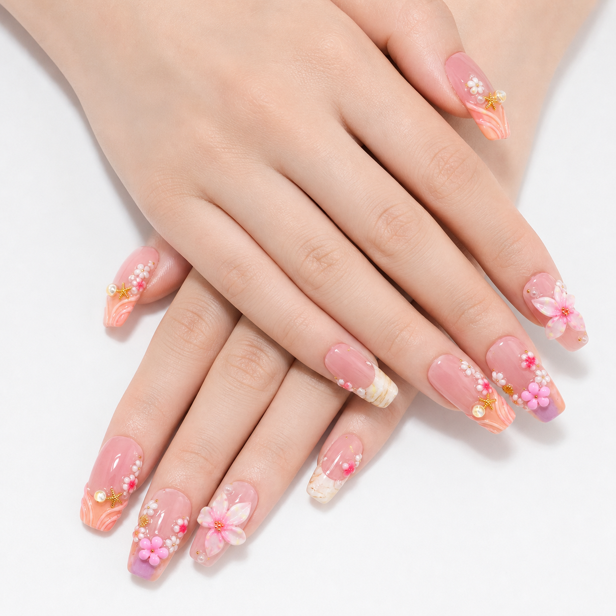 H-007-E Handmade Floral Medium Almond Press-On Nails - White background circular layout view - UB2 BEAUTY